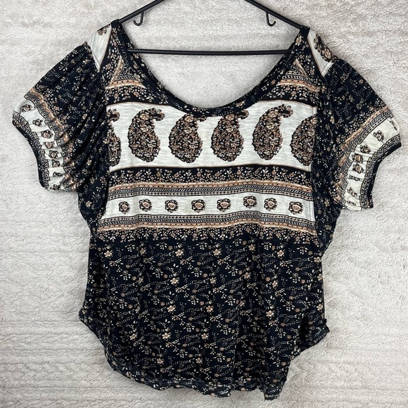 FREE PEOPLE Paisley Modal Blend Puff Sleeve Top Sz Large Boho Beachy Whimsigoth - Picture 4 of 16